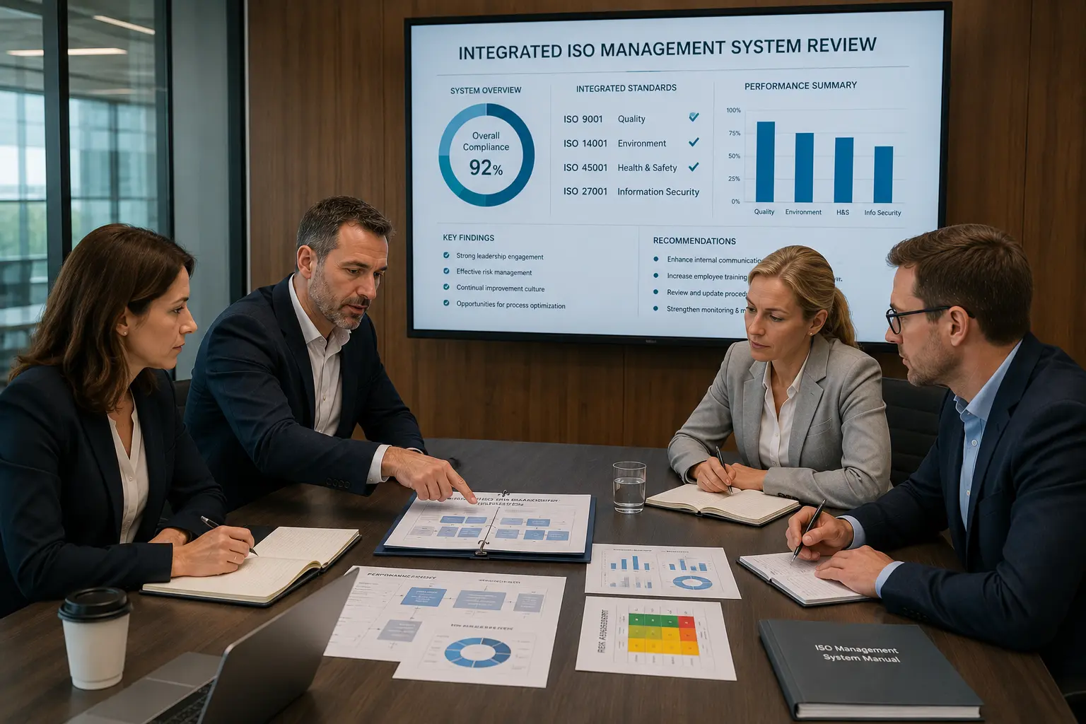 Management team reviewing integrated ISO documentation, audit readiness records, and performance dashboards