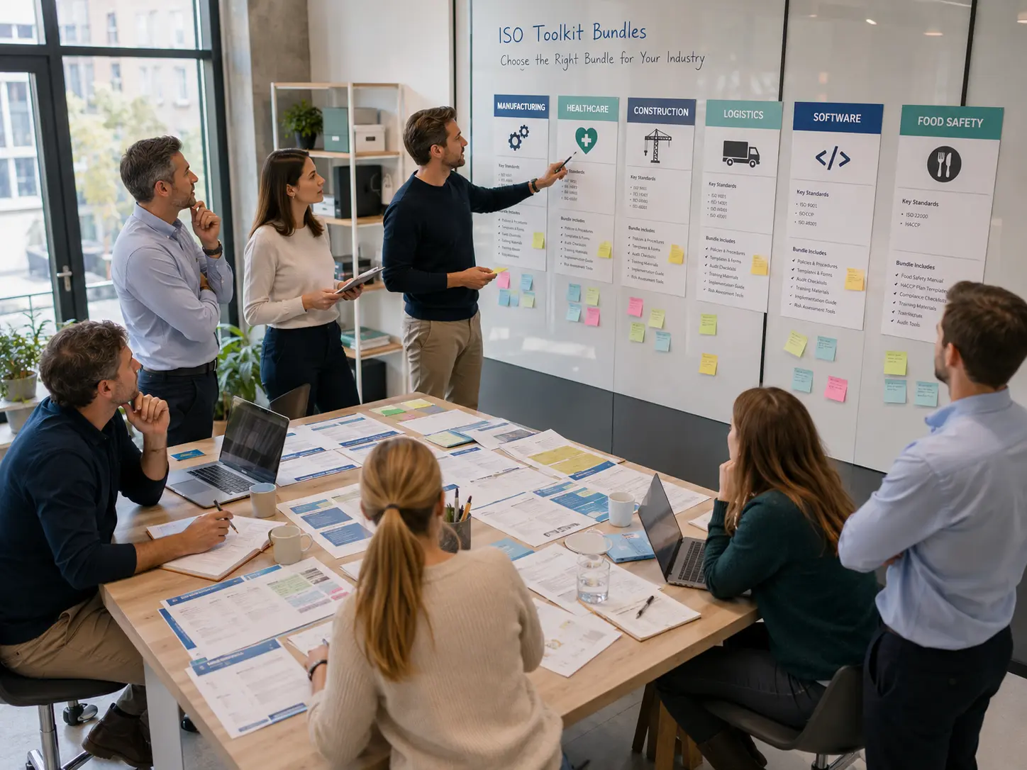 ISO consultants and business managers comparing industry ISO Toolkit Bundles in a professional workshop setting