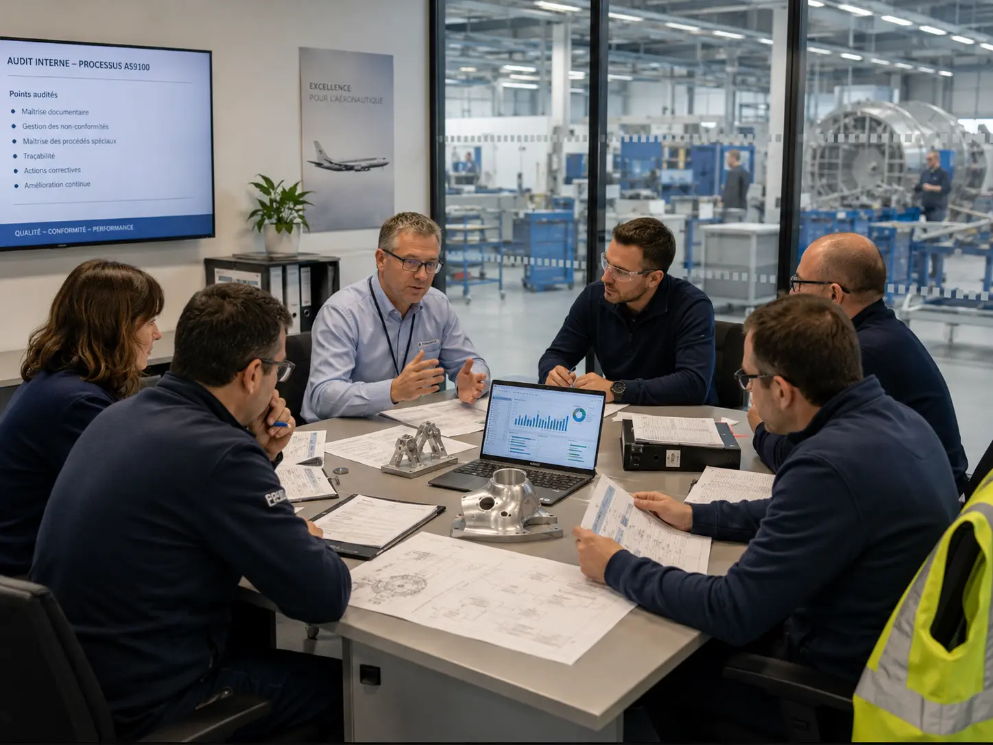 Aerospace managers reviewing internal audit findings and corrective actions
