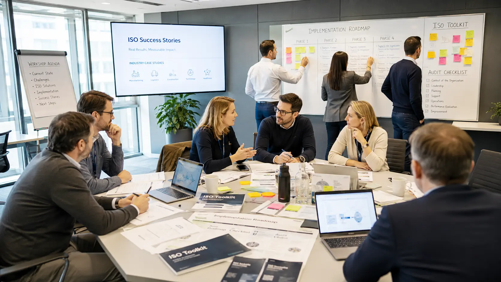 Multi-industry ISO implementation workshop with business teams reviewing process documentation
