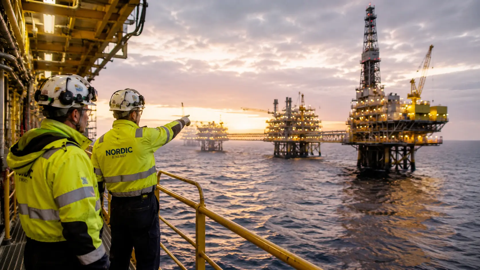 Oil and gas field service operation with technicians reviewing safety controls, equipment inspection records, and permit-to-work evidence