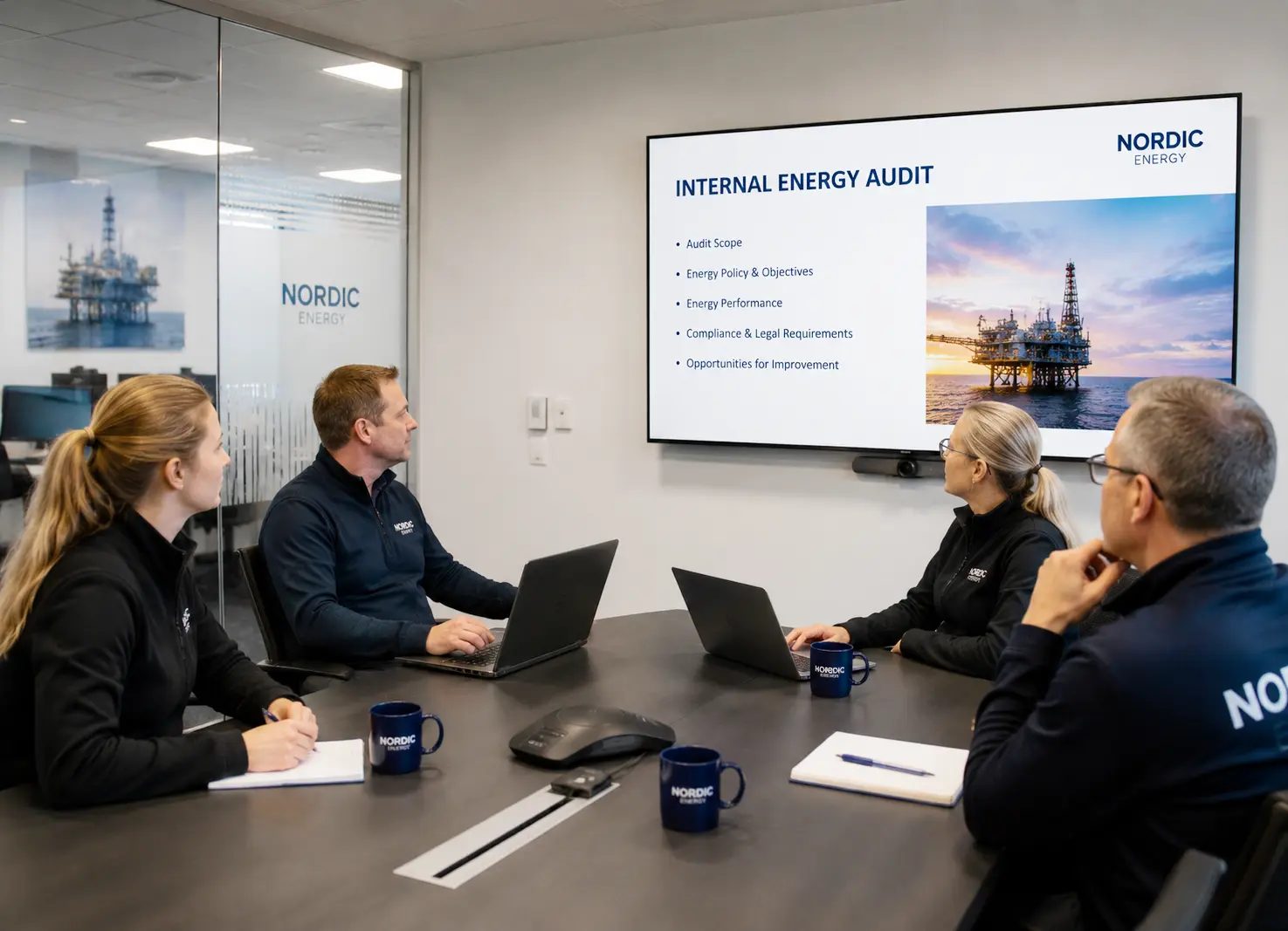 Oil and gas services managers reviewing internal audit findings, HSE KPIs, and corrective actions