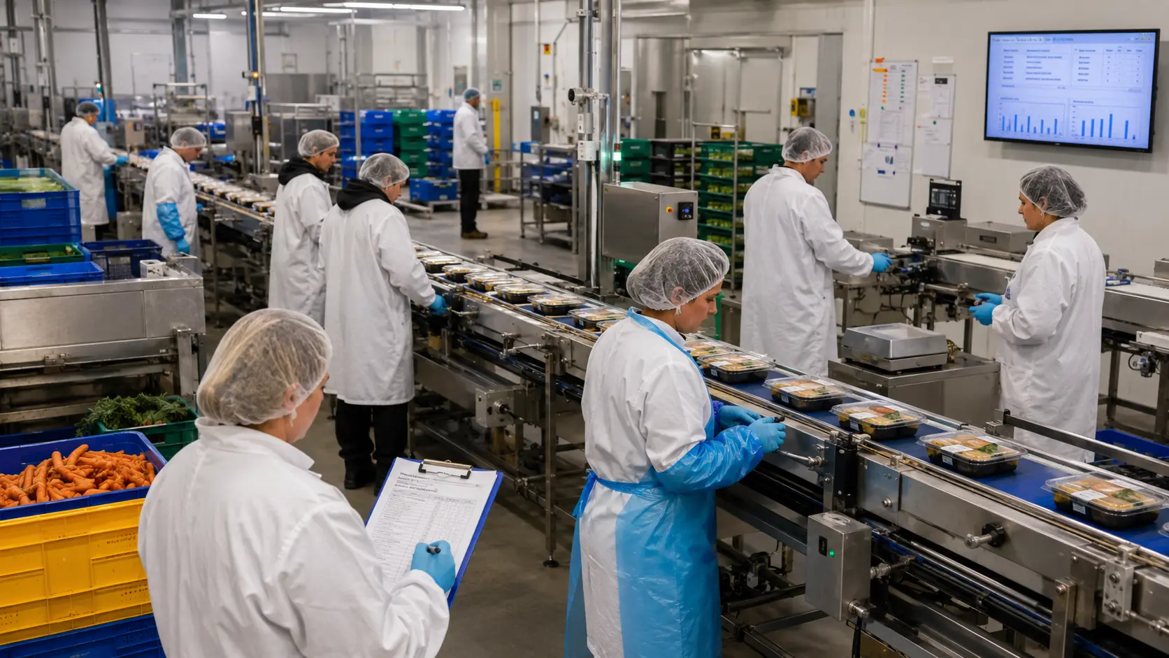 Food processing line with operators conducting quality and hygiene checks