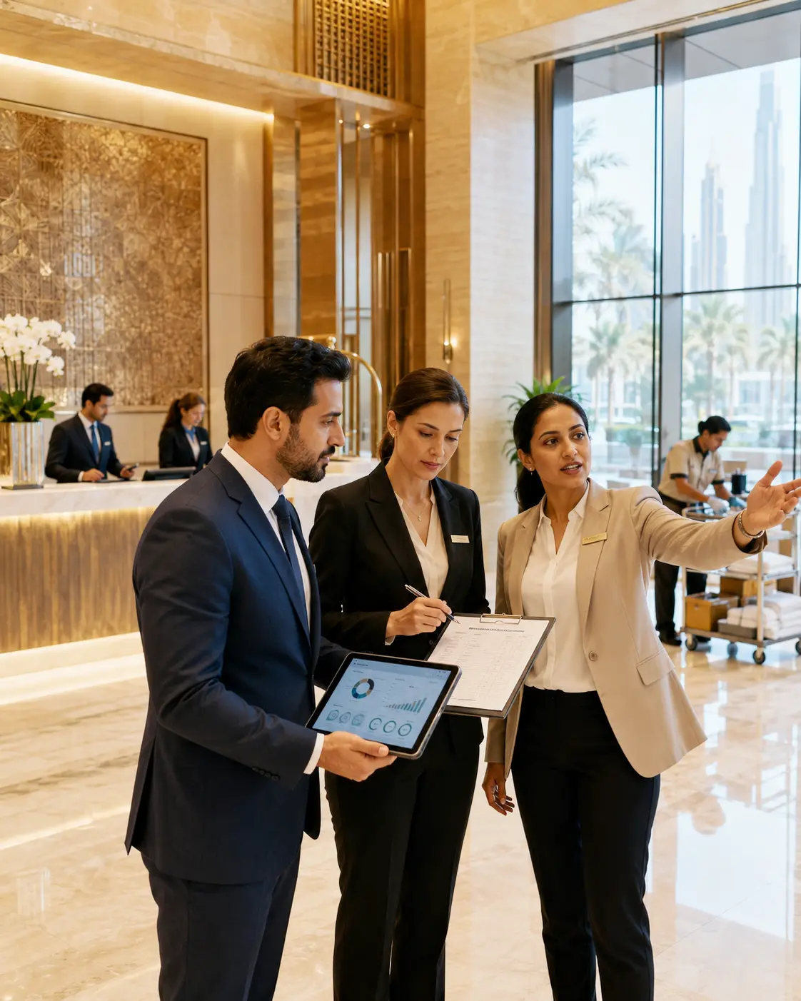 Hospitality team reviewing hotel service quality and audit records