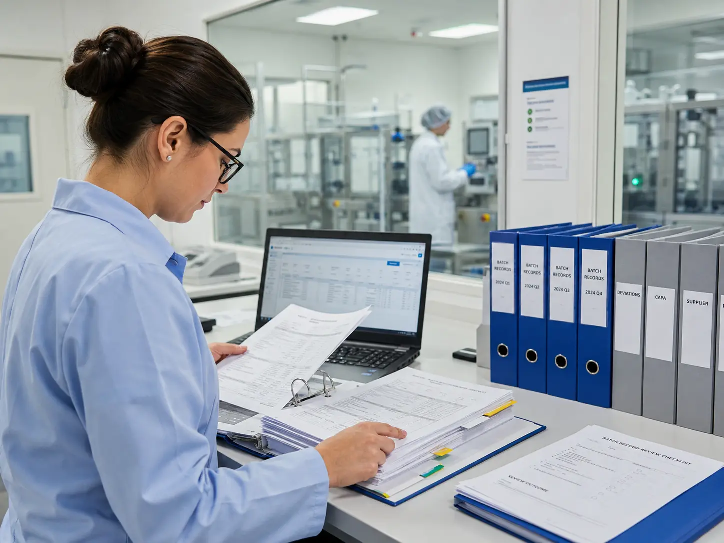 Pharmaceutical quality specialist reviewing batch records and laboratory evidence in a controlled environment