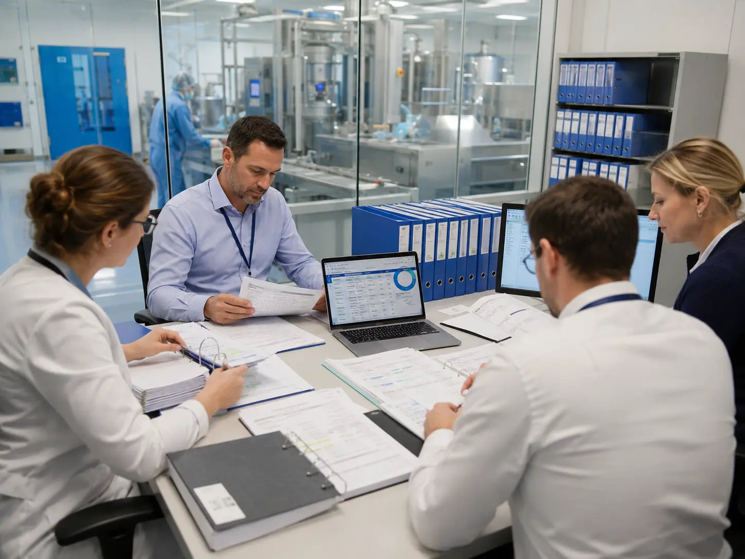Pharmaceutical QA team reviewing controlled SOPs, batch records, supplier files, and CAPA evidence