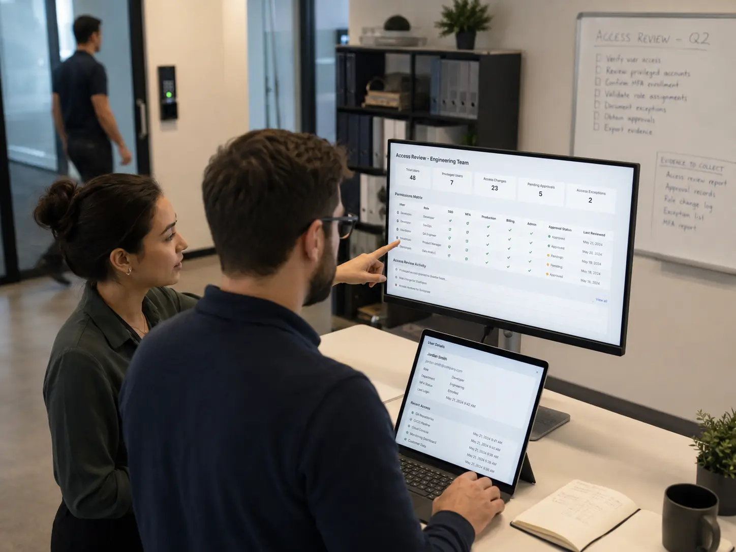 Security and IT team reviewing access controls user permissions and risk records